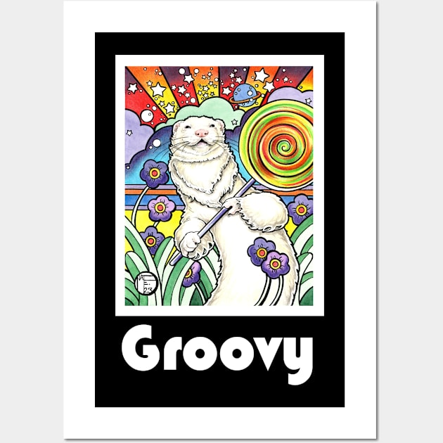 Cosmic Lollipop Ferret - Groovy - White Outlined Version Wall Art by Nat Ewert Art